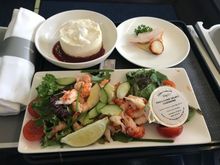 Cold meal: Smoked chicken & paprika bocconcini with houmous, Crayfish tail salad, Vanilla & coconut cheesecake