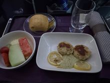 Morning flight second meal, codfish cakes. Second option was pasta.