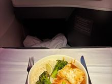 Chilean sea bass option; supposed to be with the dill beurre blanc sauce but came with a curry sauce instead. Fish was good and came with a bonus shrimp! 