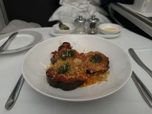 Main dish on the light meal in F, fried eggplant parmigiana. All vegan, so good!