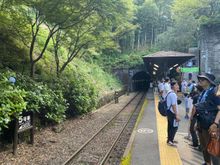 Waiting for the Sagano Romantic Train! But it arrives from the other side.
