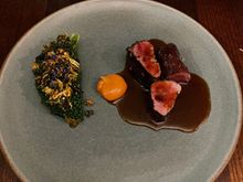 Venison smoked in juniper with bone venison bone stock jus. Cabbage and mushroom taco (this was delicious). The venison was delicious also. One of my favorite dishes, much better than the fish dish. Probably the best dish out of all. 