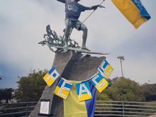 I live in a surf town.  We had a statue of a young surfer that often gets dresssed (think of the Mannekin Pis in Brussels).  It was recently dressed to show support for Ukraine.