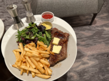 Main entree — steak strip and fries/salad. Couldn't finish it, was already too full from the nuts/soup/grilled cheese. Super delicious and restaurant-quality.