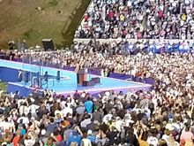 An equally bad pic of VP Harris in low light and with zoom. And this was the best of 5 of them. The bad camera does keep me from trying to experience the event via a cellphone, though.