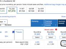 Screen shot of possible flights BOS->AKL