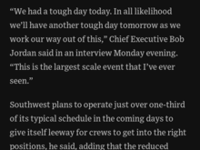 "Southwest plans to operate just over one third of it's schedule over the coming days"