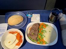 Wow this was a great surprise.  Meal ordered was not available but the choice was beef or chicken.  Just like the old days  - Beef/Peas=Carrots/Mash Potatoes  - No dessert.  