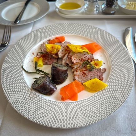 Roasted spiced duck - really nice cold dish paired with the crunchy pickled veg - a great pairing with the Santenay