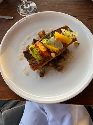 Pacific Bass - broiled and rubbed in jalapeño, crispy edges, but tender on the inside. Full of flavor and our favorite part of the meal.