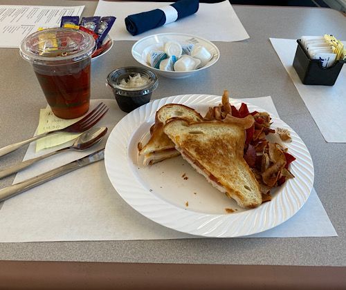 Artisan Grilled Cheese with two types of cheese, turkey, and bacon served with Terra Chips and a tiny cup of cole slaw. When I requested no ice for my drink, I was surprised to learn I would not get the full bottle of iced tea, only the cup. 
