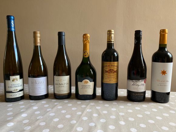 First: 
Sparkling - Taittinger Comtes de Champagne 2007, Nyetimber NV (not pictured). 
White - St Aubin 1er Cru 2016, Tekau Marlborough Sauvignon Blanc 2018, Schlumberger Pinot Gris Grand Cru Spiegel  2017
Red - Chateau Batailley Pauillac Grand Cru 2011, Mt Difficulty Roaring Meg Pinot Noir 2018, Clos de los Siete 2015 