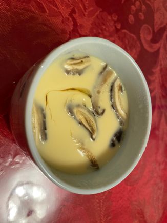 Chawanmushi with shiitake mushrooms , prawns , etc