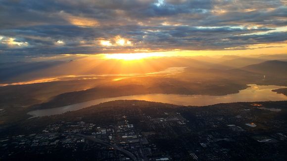 Gorgeous sunrise approaching Seattle.