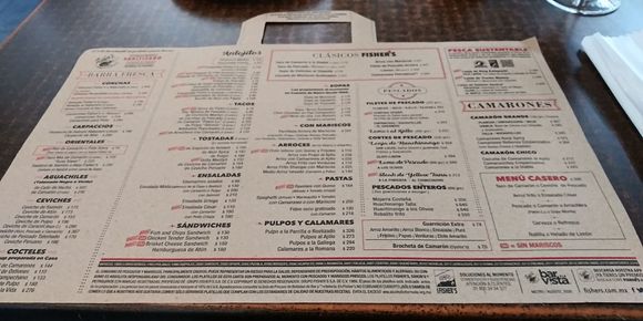 Fishers restaurant menu.