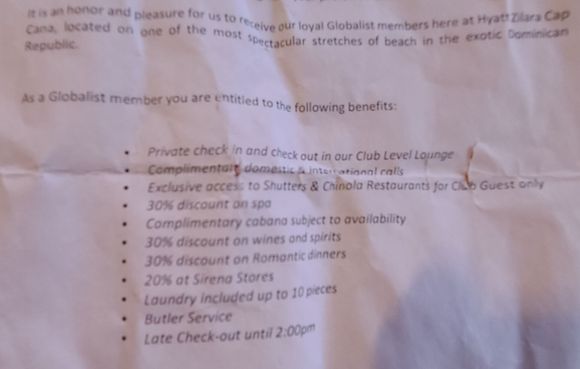 Globalist benefits for the Hyatt Zilara Cap Cana 