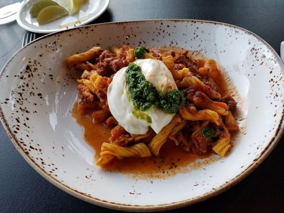 Pasta with Wild Boar Bolognese and Burrata - topped with basil garlic pesto.  This was so good my wife ordered it twice.  One of the best items on the menu.  Should be served with a grilled piece of bread... that'd be perfect.