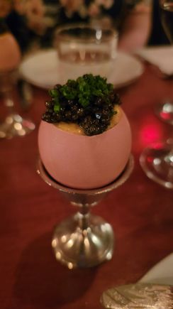 Soft egg in the shell with smoked sturgeon, kaluga caviar; absolutely spectacular. The LA Times restaurant critic Bill Addison raved about this.