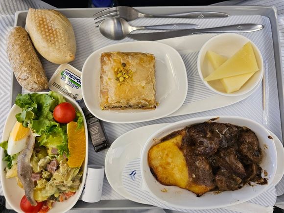 Personal judgement
Starter: More like half a full meal. Too many different things and too many different flavours for me, though it still was tasty.
Main: Not the best I've ever had on Aegean, but certainly very good. Since I did try everything in the end, this was certainly the best choice.
Dessert: The baklava is generally not something I would ever order, even though growing up there was some home-made available every 2 months or so. Huge piece, too much syrup. I spared myself these calories.