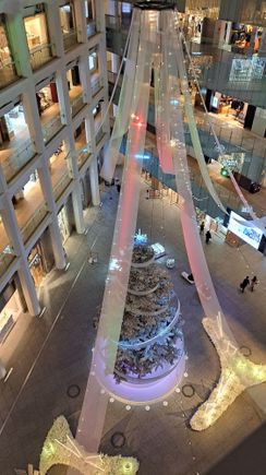 Looking down at the Kitte christmas tree and ribbon