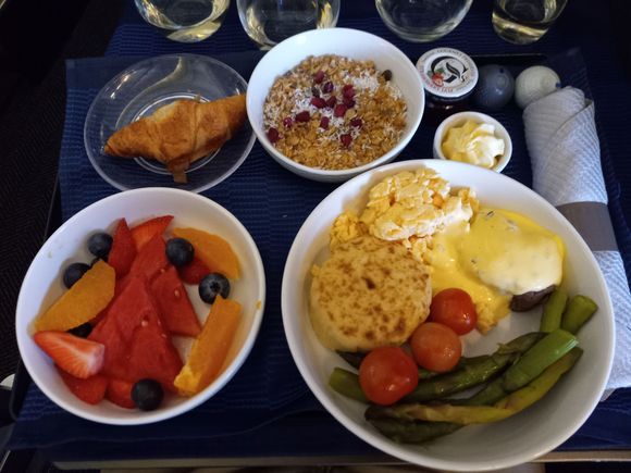 All served on one tray.
Opted for the steak and eggs (pre-ordered).
It was lukewarm at best.
That is no potato gratin for sure.
Fruit and yoghurt were the best part.
Croissant was not abused!!!
Passable but not J quality.