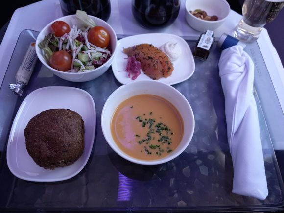 Roll was warm, soup & salmon delicious, salad was fresh, liked the matchstick radish