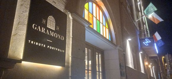 The hotel entrance at night