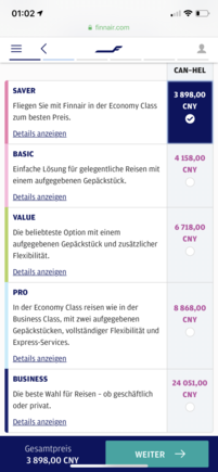 Finnair showing lowest classes available 