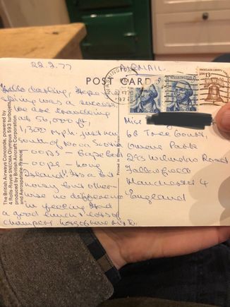 Written by my grandmother, who’s 90 now, to my mother at her student house in Manchester, in February 1977 on a Concorde flight to what we presume was Washington. 

For anyone struggling with the writing, she notes it was louder than a usual flight, but otherwise felt no different, there was a good lunch and lots of champagne. 