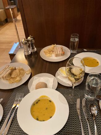We had soup and sandwiches for lunch. The sandwiches were very bland and I thought the crisps that accompanied them were very basic for what is BA’s supposedly top lounge in the world. The soup was tasty and hot, the service was good and the French wine acceptable. 