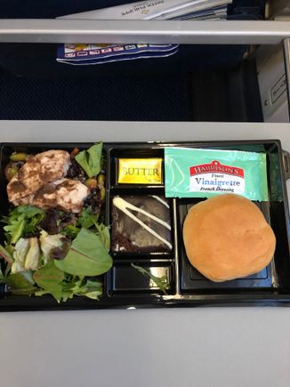 Euro traveller band 3 cold meal coming back from split last night. Perfectly acceptable snack, but don’t rely on it if you’re hungry. This was the jerk chicken. 

I also got brought two packs of crisps to accompany my g&ts after the bar round was complete. No one else seemed to get this, not sure if It was because I was the only silver out of the 40 people on the flight. 