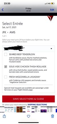 Pre-order menu - three main course choices available in the app 7 days before flight