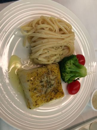 Roasted basa fillet with pasta in garlic butter. A winner. Fish was moist, pasta a bit over cooked but the taste was very good and I enjoyed it.