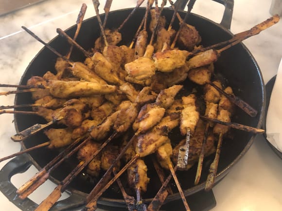 Chicken or beef satay, out by 6pm 