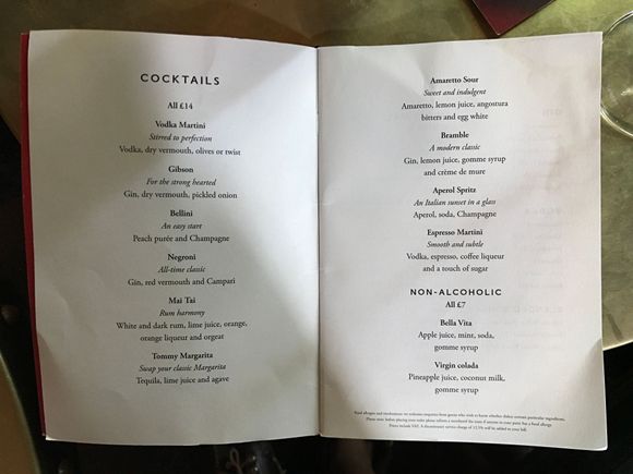 Normal drinks menu at Galvin Brothers Bar