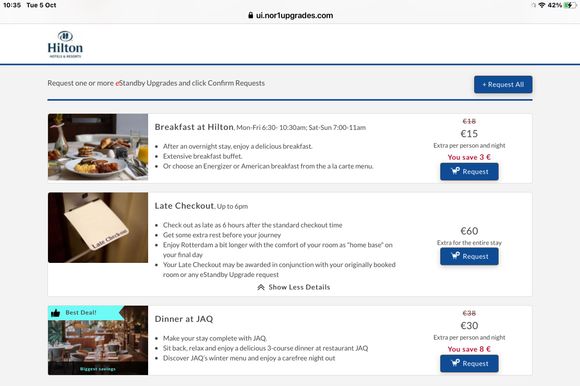 Holding no status with Hilton, this is what the E-upgrade system offered us after completing the booking