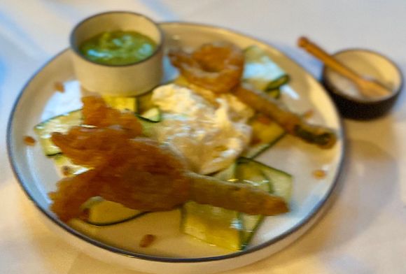 Burrata with zucchini flowers , seaweed butter 