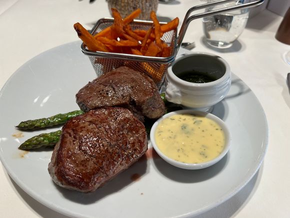 Uruguay Beef Filet, Sweet Potato Fries, Asparagus & Bernaise  Sauce