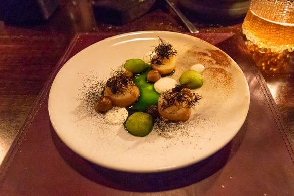Potatoes, apples, and sea truffles. This was a tasty dish which balanced textures (creamy, soft, and firm) and flavors. 