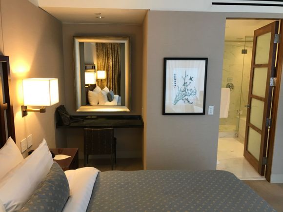 Makeup station and bathroom entry 