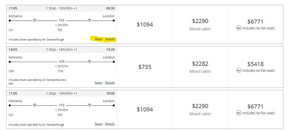 Seats and details are clickable buttons