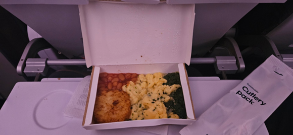 Why can't US & other European carriers offer this before landing in Europe?   While we didn't get a tray - they served us this brekky in a box with cutlery followed by more blueberry juice, water, and blueberry juice.  Did I mention the blueberry juice is fantastic?