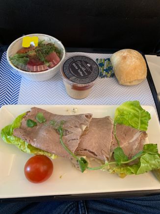 Lunch on today’s flight from Glasgow to Heathrow. Was surprisingly tasty - especially the dessert pot. And washed down with a couple of mini bottles of champagne 