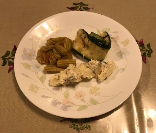Organic baby sweetcorn , potato salad & zucchini roll