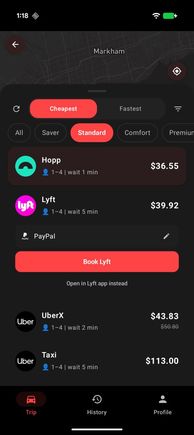 Book - tap the provider you want (Lyft in this case), paid via the PayPal already on file.