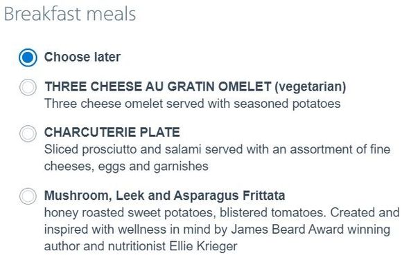 breakfast choices SNA-ORD