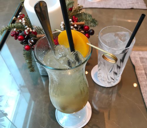 Lychee , peach and lime soda 