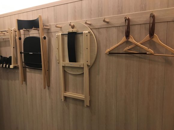 No closet in the room. Clothes and furniture gets hung on the wall, like in a business hotel. 