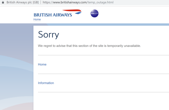 BA.com homepage. Sometimes I wonder if the Sorry should just be left there as a default...