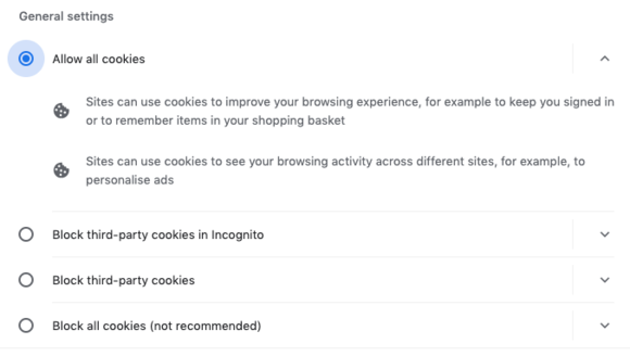 Chrome browser Cookie options